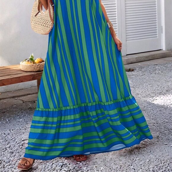 Green Blue Casual Women's Striped Print halter Strap ruffled hem maxi Dress - Picture 6 of 6